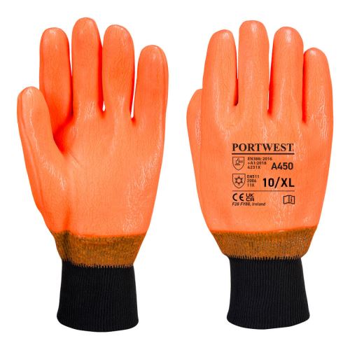 PORTWEST HI-VIS WEATHERPROOF A450 / Zimní voděodolné rukavice máčené v PVC - oranžová XL