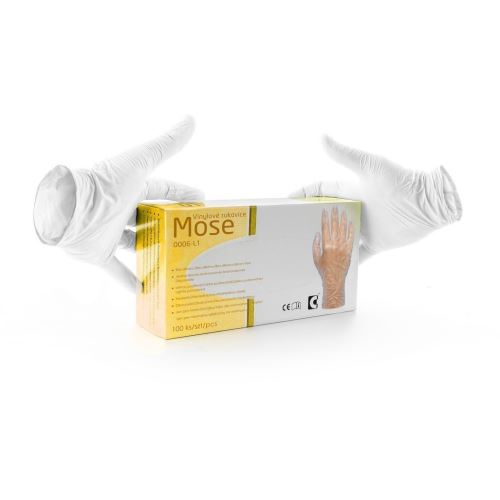 MOSE / Jednorázové vinylové pudřené rukavice, 100 ks v balení