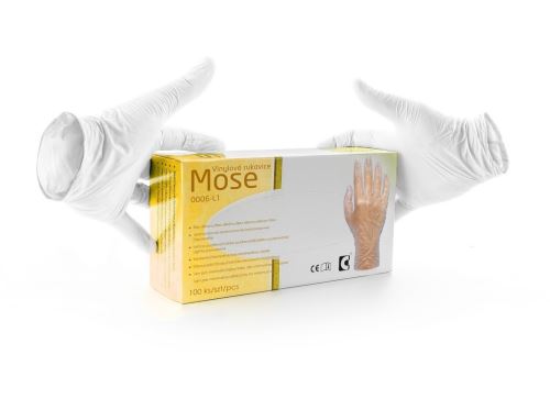 MOSE / Jednorázové vinylové pudřené rukavice, 100 ks v balení